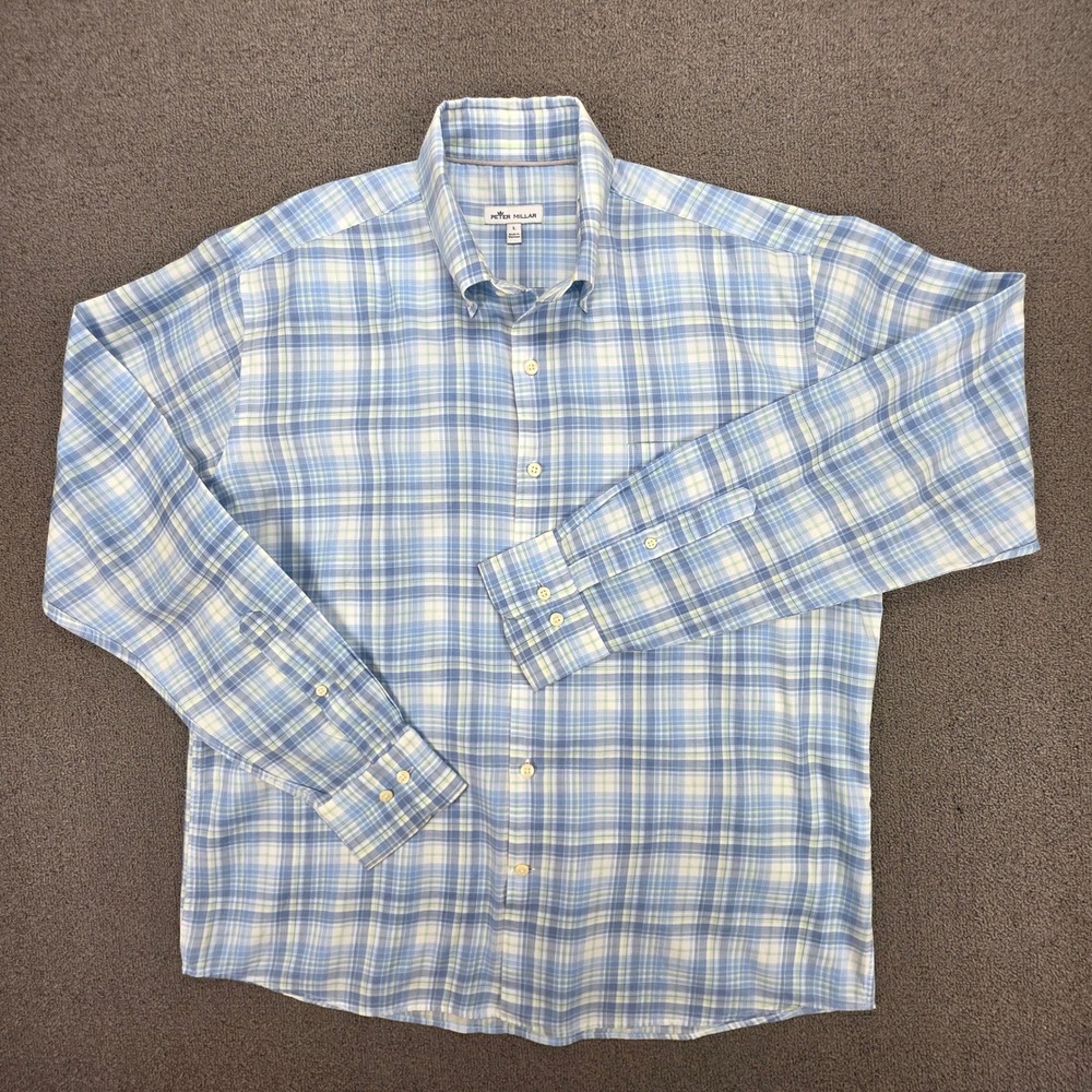 Peter Millar Mens Blue Green Plaid Cotton Button Down Shirt Size L